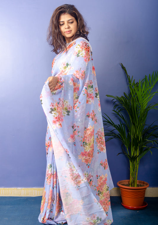 Periwinkle Georgette Sari with Floral Digital Print and Sequence Work.