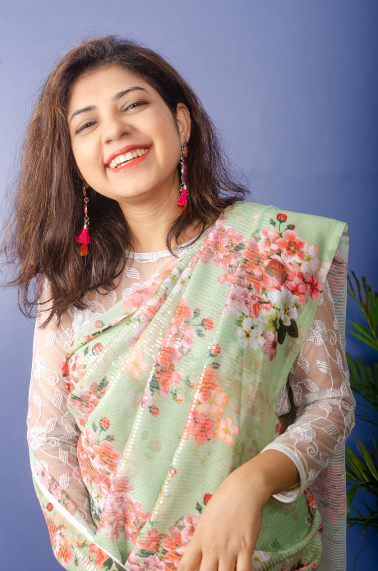 Pistachio Georgette Sari with Floral Digital Print and Sequence Work.