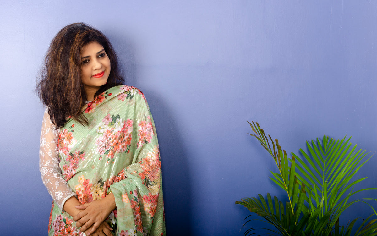 Pistachio Georgette Sari with Floral Digital Print and Sequence Work. — view 2