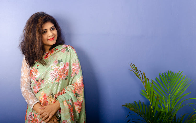 Pistachio Georgette Sari with Floral Digital Print and Sequence Work.