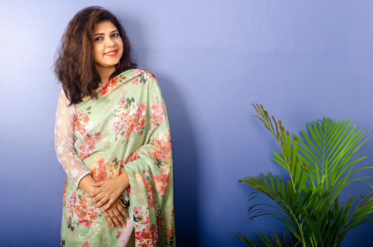 Pistachio Georgette Sari with Floral Digital Print and Sequence Work.