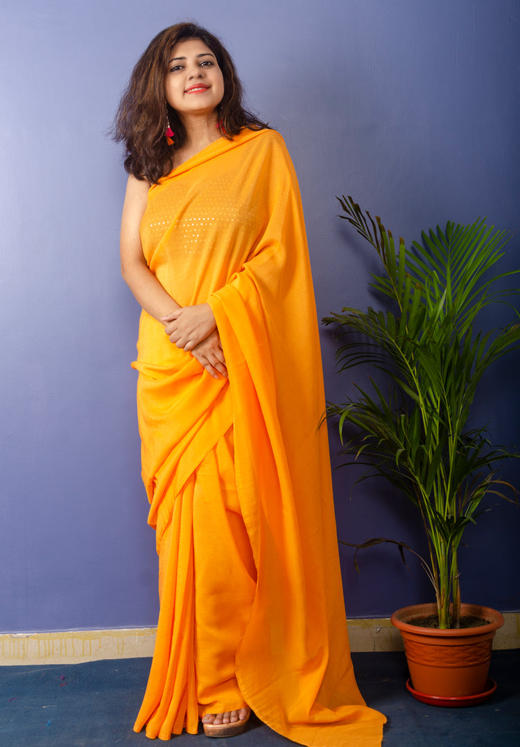 Marigold Color Georgette Sari with Black  Blouse piece