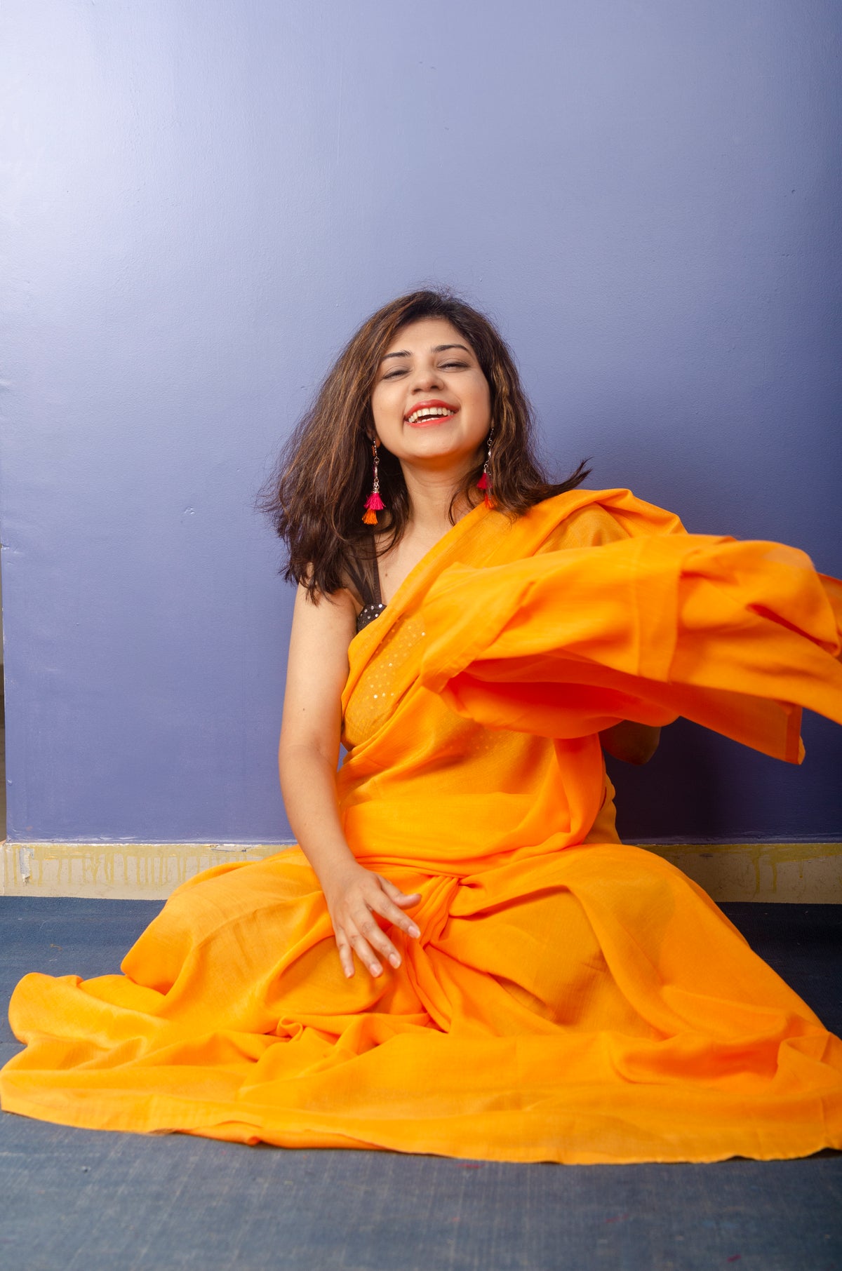 Marigold Color Georgette Sari with Black  Blouse piece — view 4