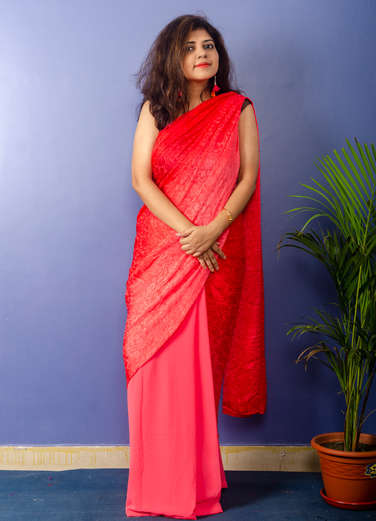 Peach Red Shades Georgette Sari