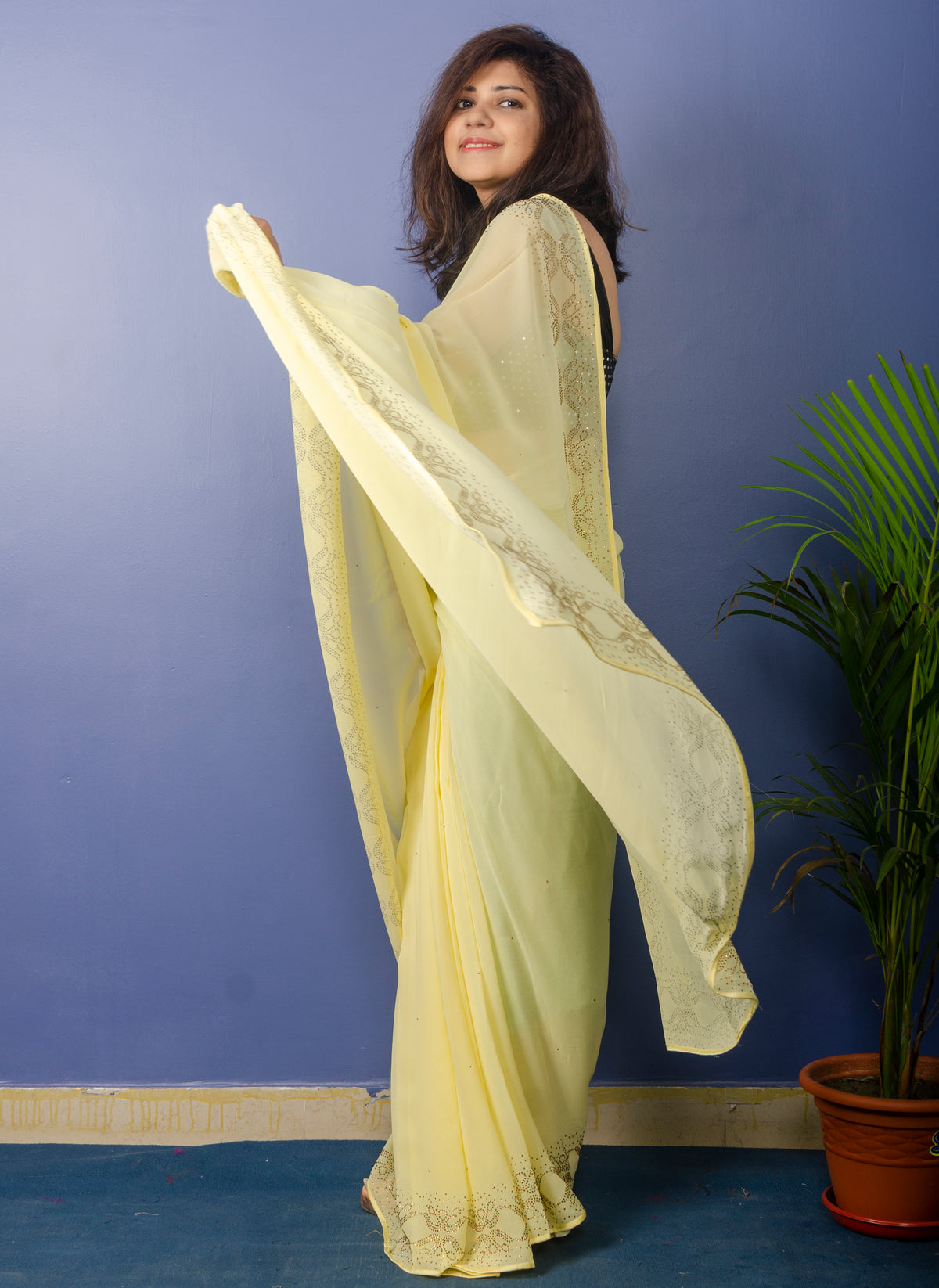Lemon Yellow Viscos Sari with Swarovski Work — view 3