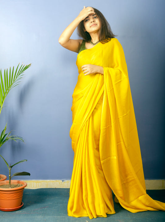 Mustard Yellow Satin Saree With Green Blouse Piece