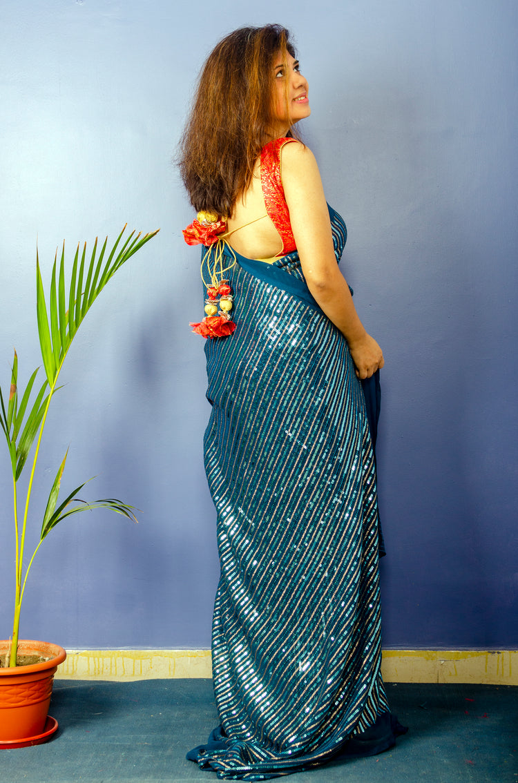 Sequins Work on Cyan Georgette Sari