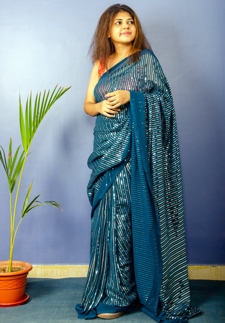 Sequins Work on Cyan Georgette Sari