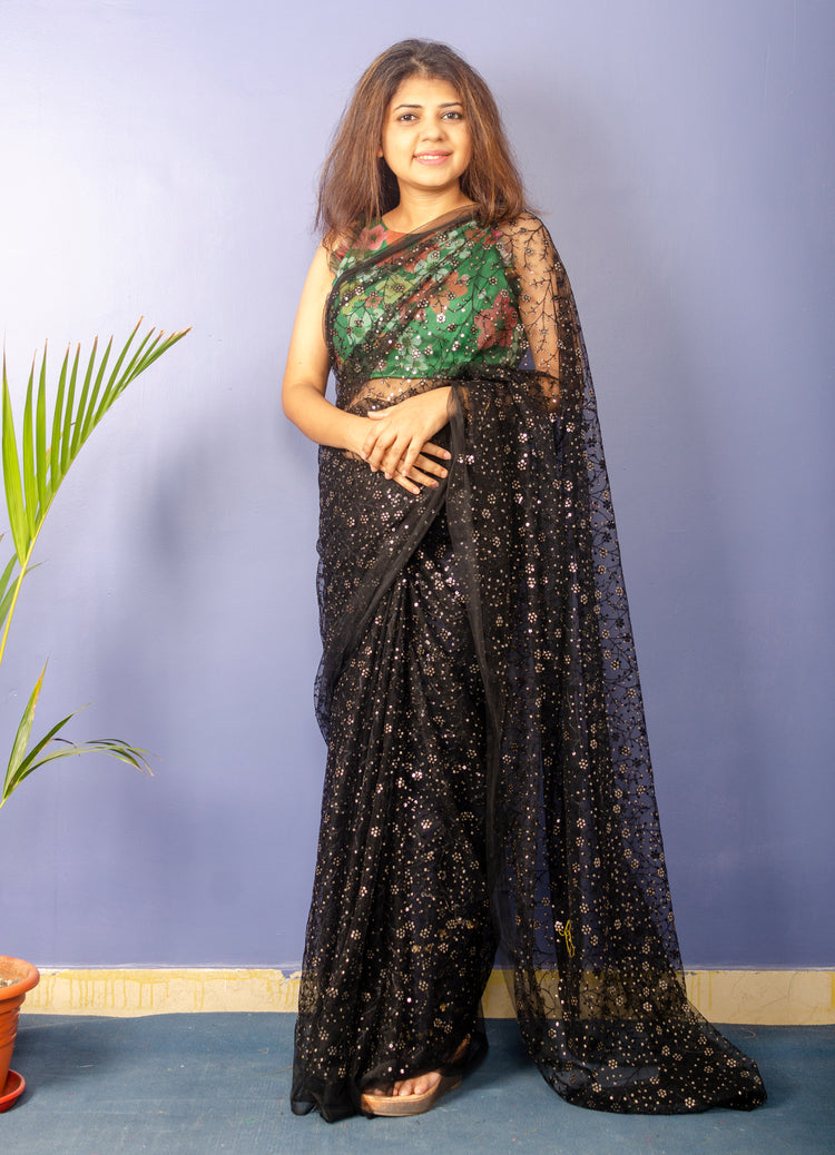 Black Sequin Net Sari