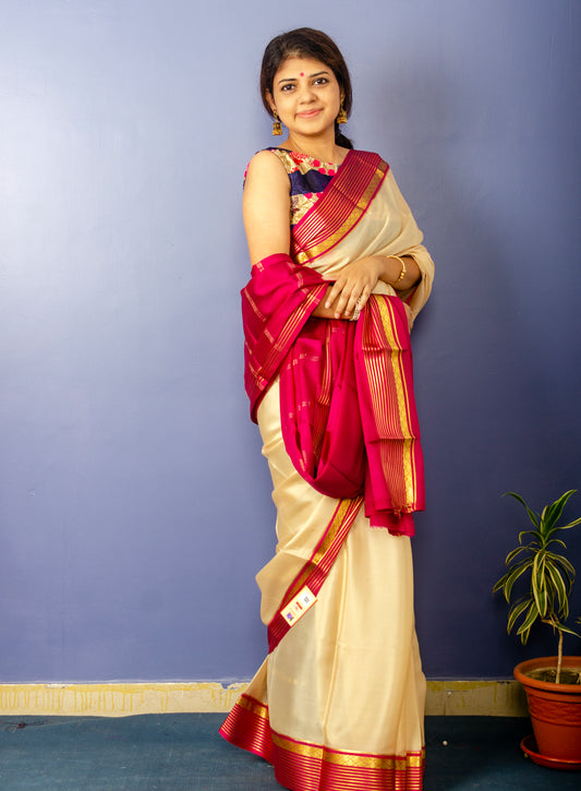 Beautiful Beige Magenta Crepe Silk Sari