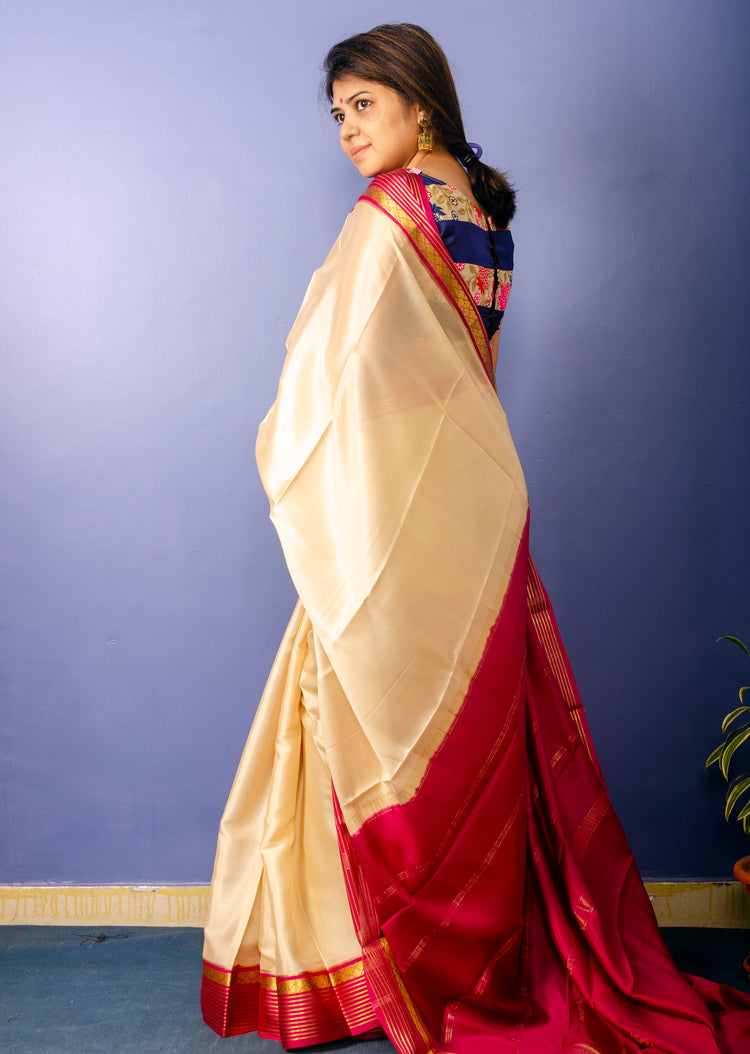 Beautiful Beige Magenta Crepe Silk Sari