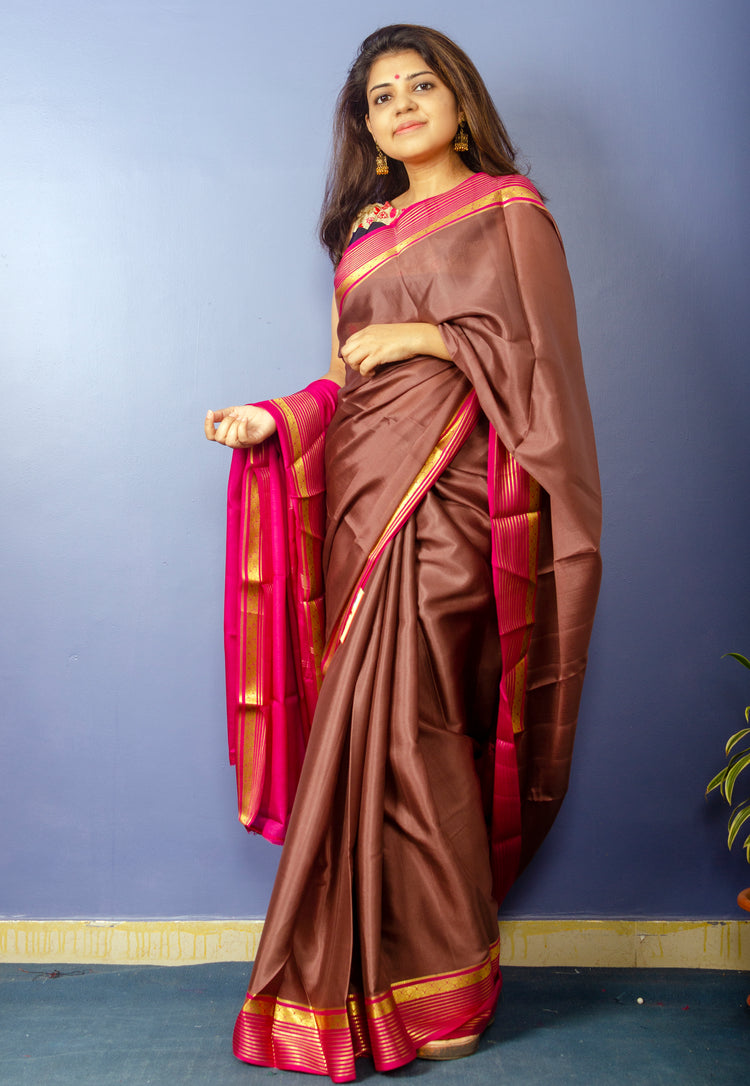 Beautiful DarkBrown Magenta Crepe Silk Sari