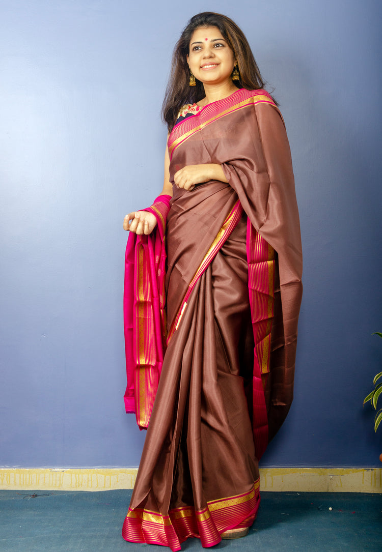 Beautiful DarkBrown Magenta Crepe Silk Sari