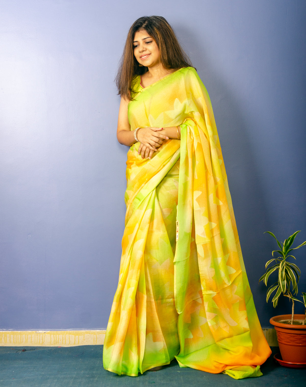 Beautiful Tropical Color Pure Chiffon Sari — view 2