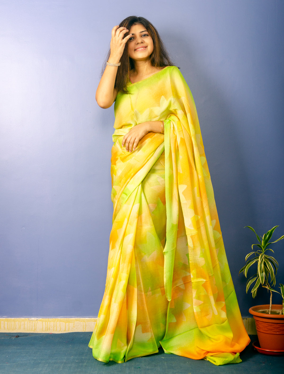 Beautiful Tropical Color Pure Chiffon Sari — view 5