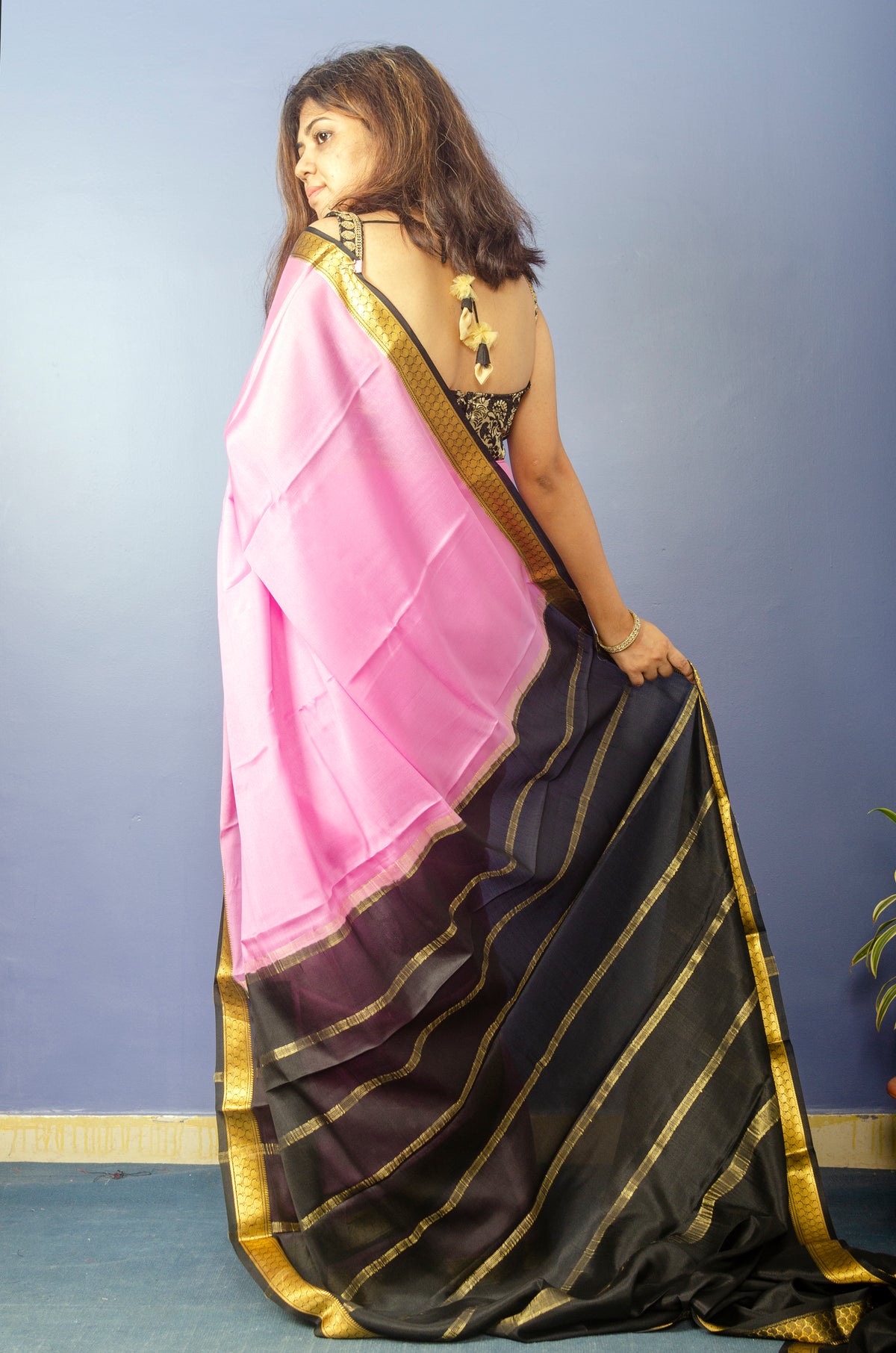 Beautiful Taffy Pink with Black Crepe Silk Sari — view 4