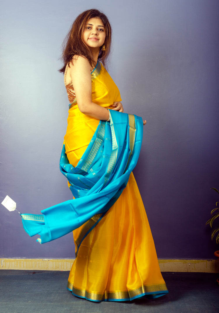 Beautiful Yellow Blue Crepe Silk Sari