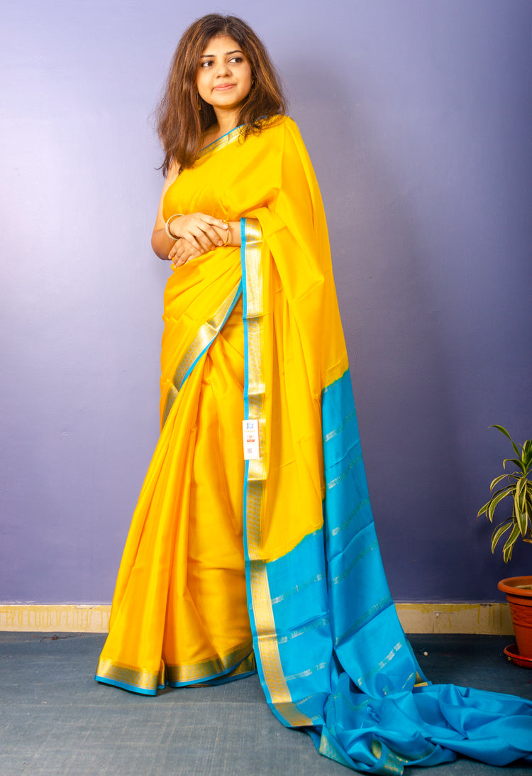 Beautiful Yellow Blue Crepe Silk Sari