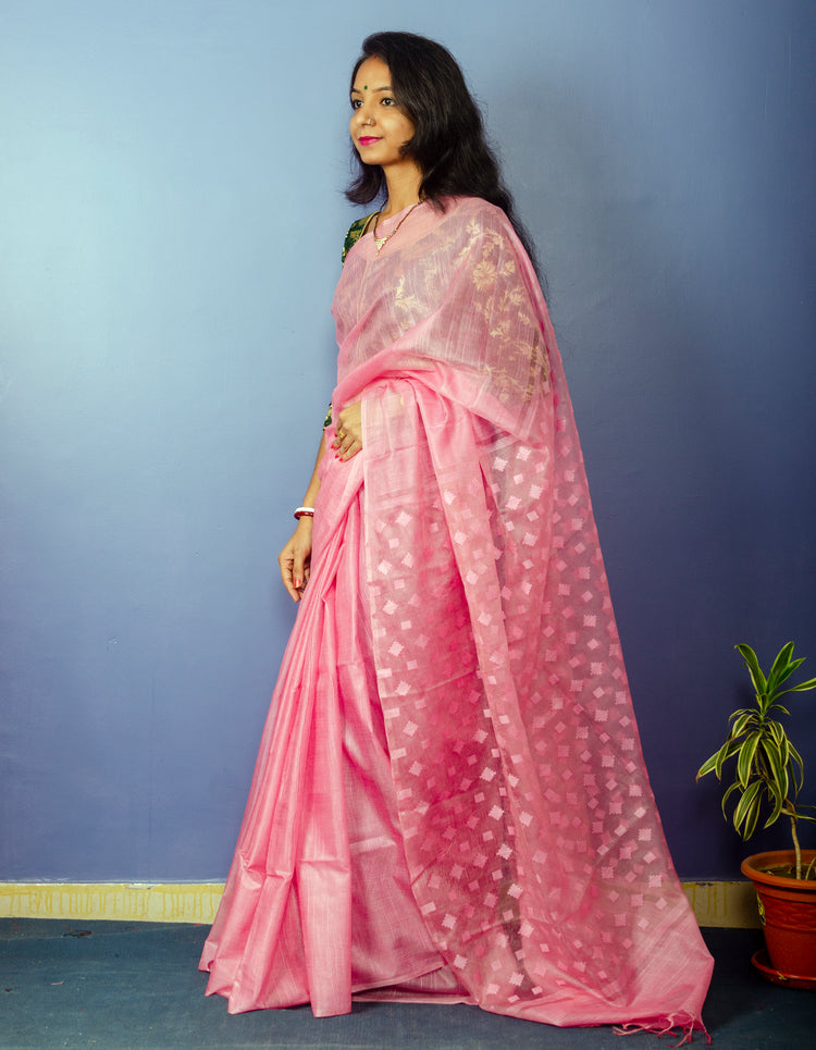 Peach Colour Plain Sari with Resham Pallu