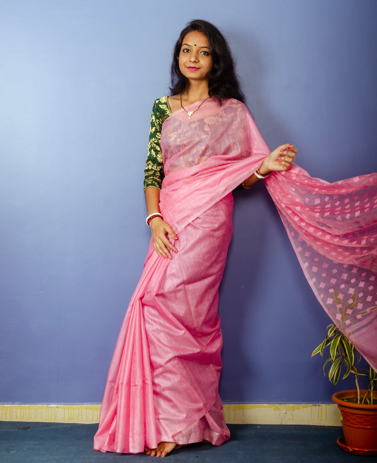 Peach Colour Plain Sari with Resham Pallu