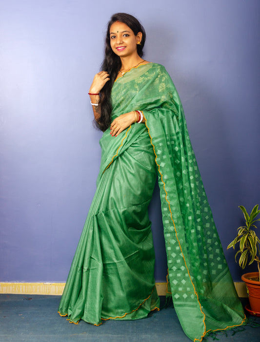 Handwoven Jade Green Resham Sari With Scalloped Border