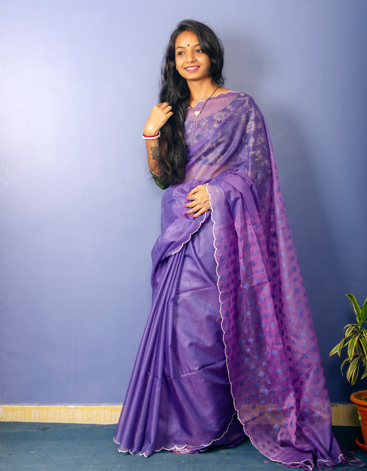 Handwoven Iris Resham Sari With Scalloped Border