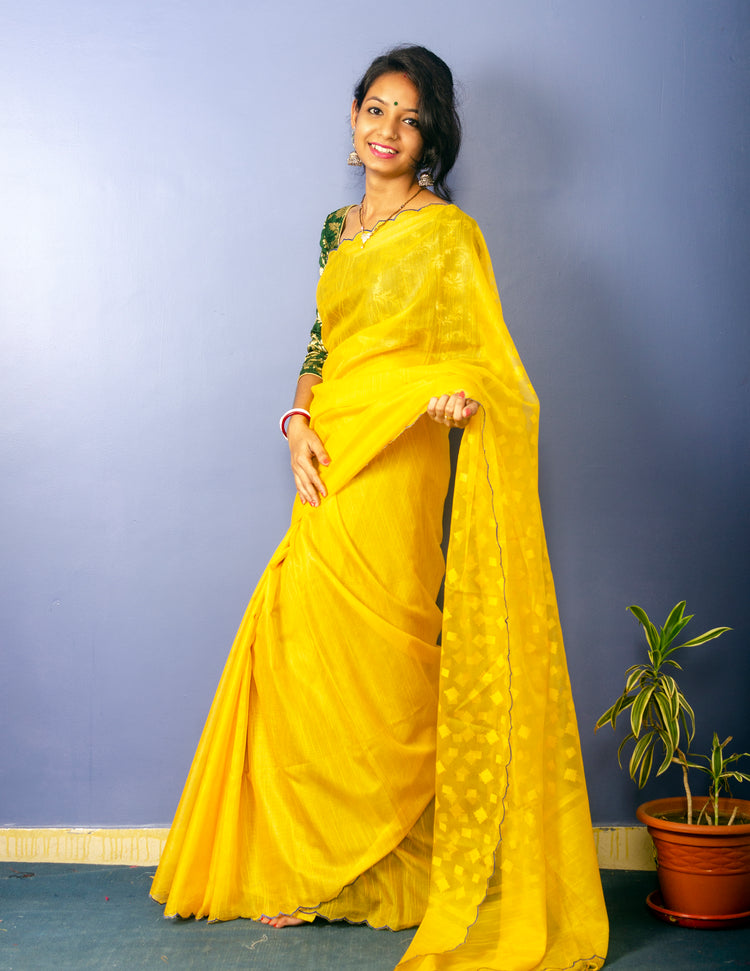 Yellow Resham Sari With Scalloped Border