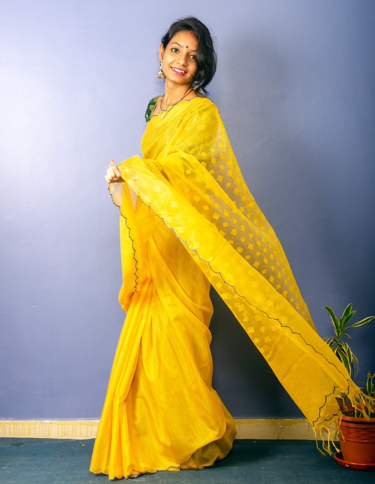 Yellow Resham Sari With Scalloped Border