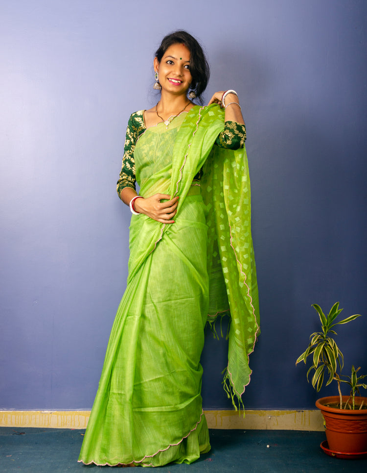 Handwoven Chartreuse Green Resham Sari With Scalloped Border