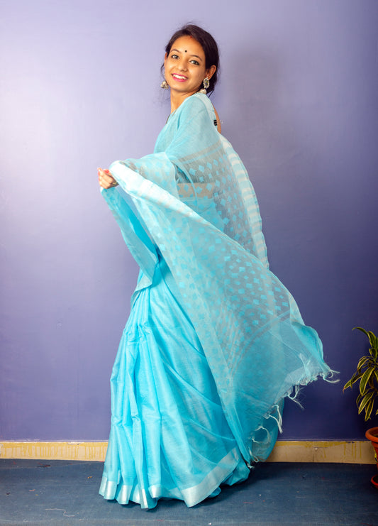 Sky Blue Colour Plain Sari with Resham Pallu