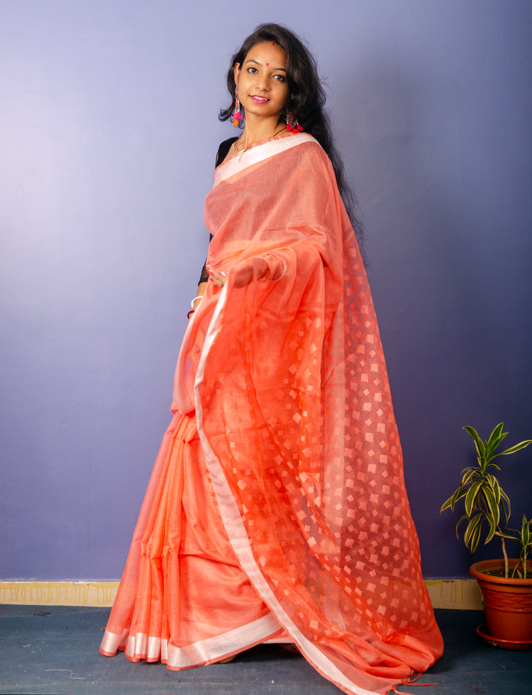 Pastle Orange Colour Plain Sari with Resham Pallu