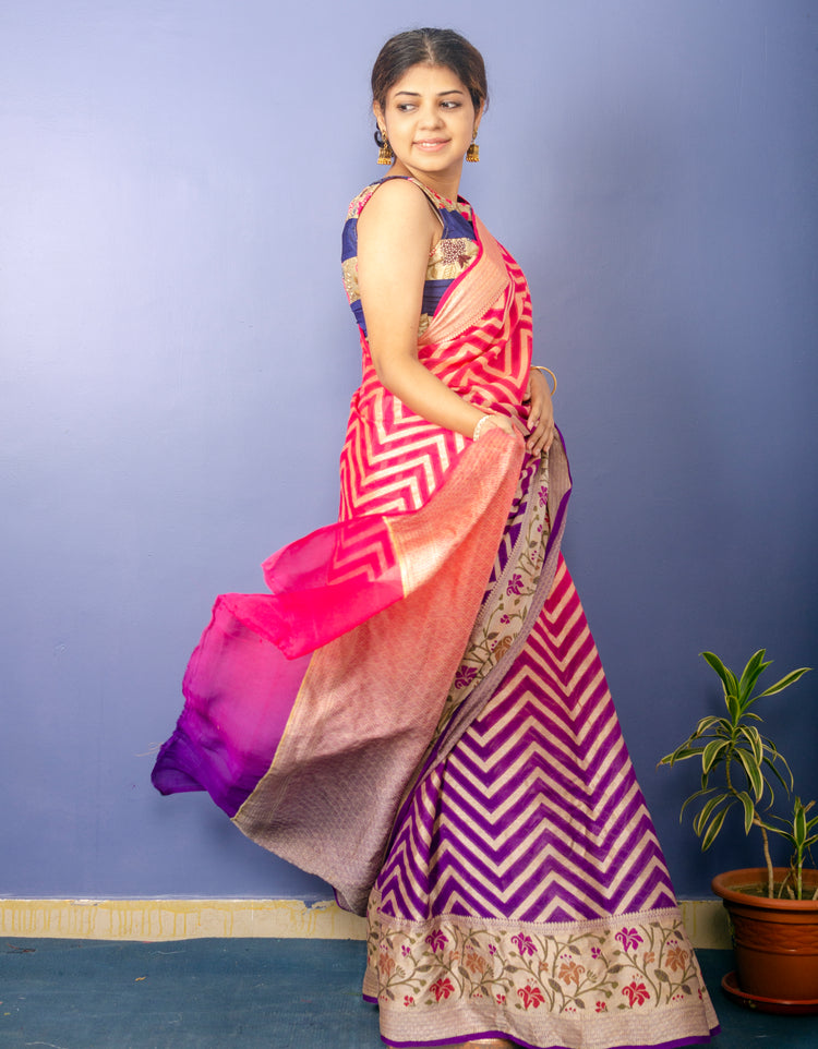 Pure Banarasi ZigZag Pattern Chiffon Sari