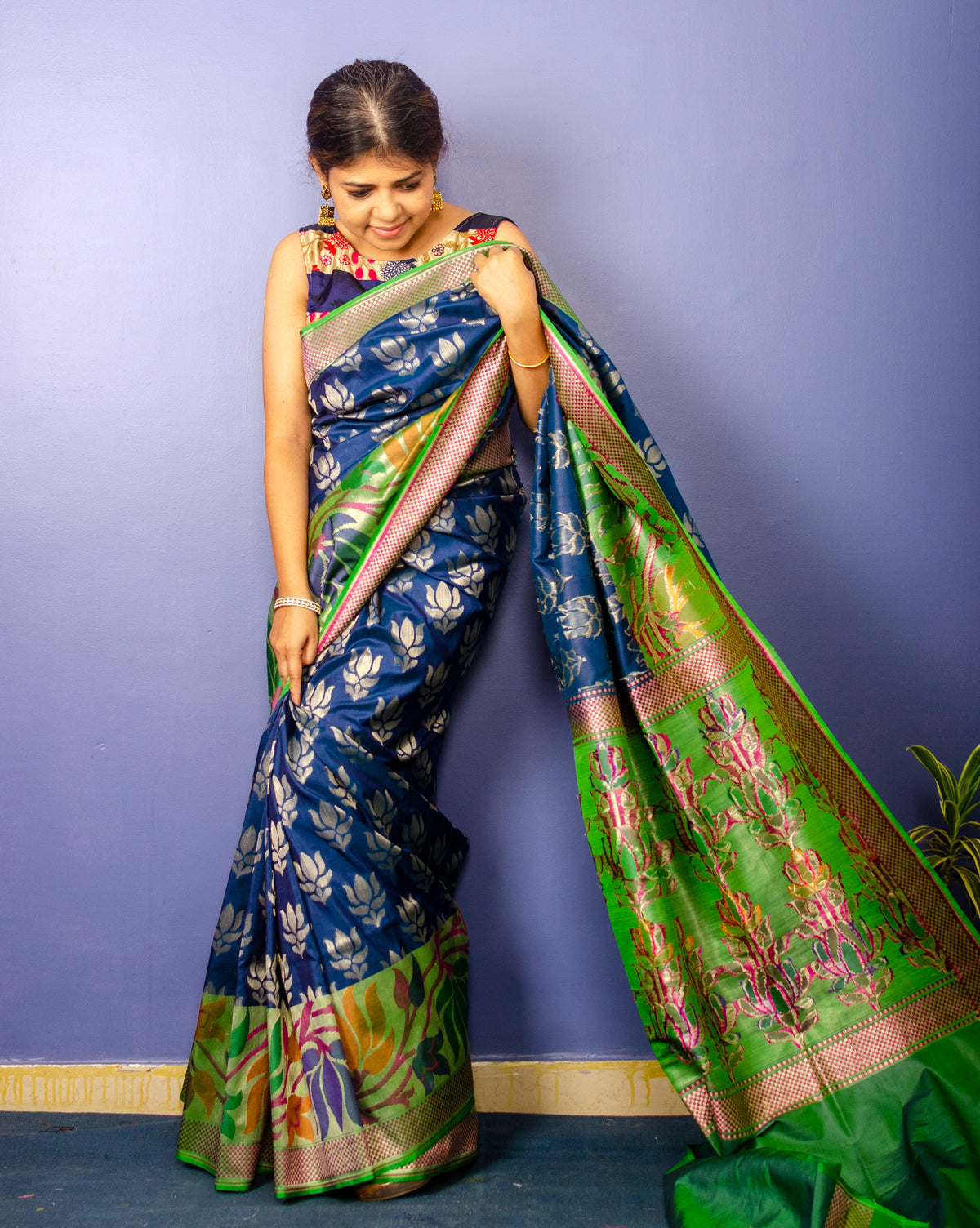 Pure Prussian Blue Banarasi Katan Silk Sari — view 3