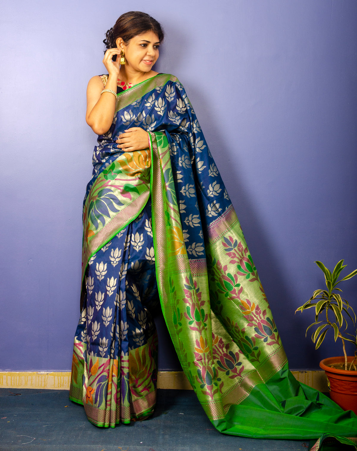 Pure Prussian Blue Banarasi Katan Silk Sari — view 4