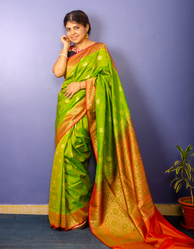 Pure Kelly Green Banarasi Katan Silk Sari