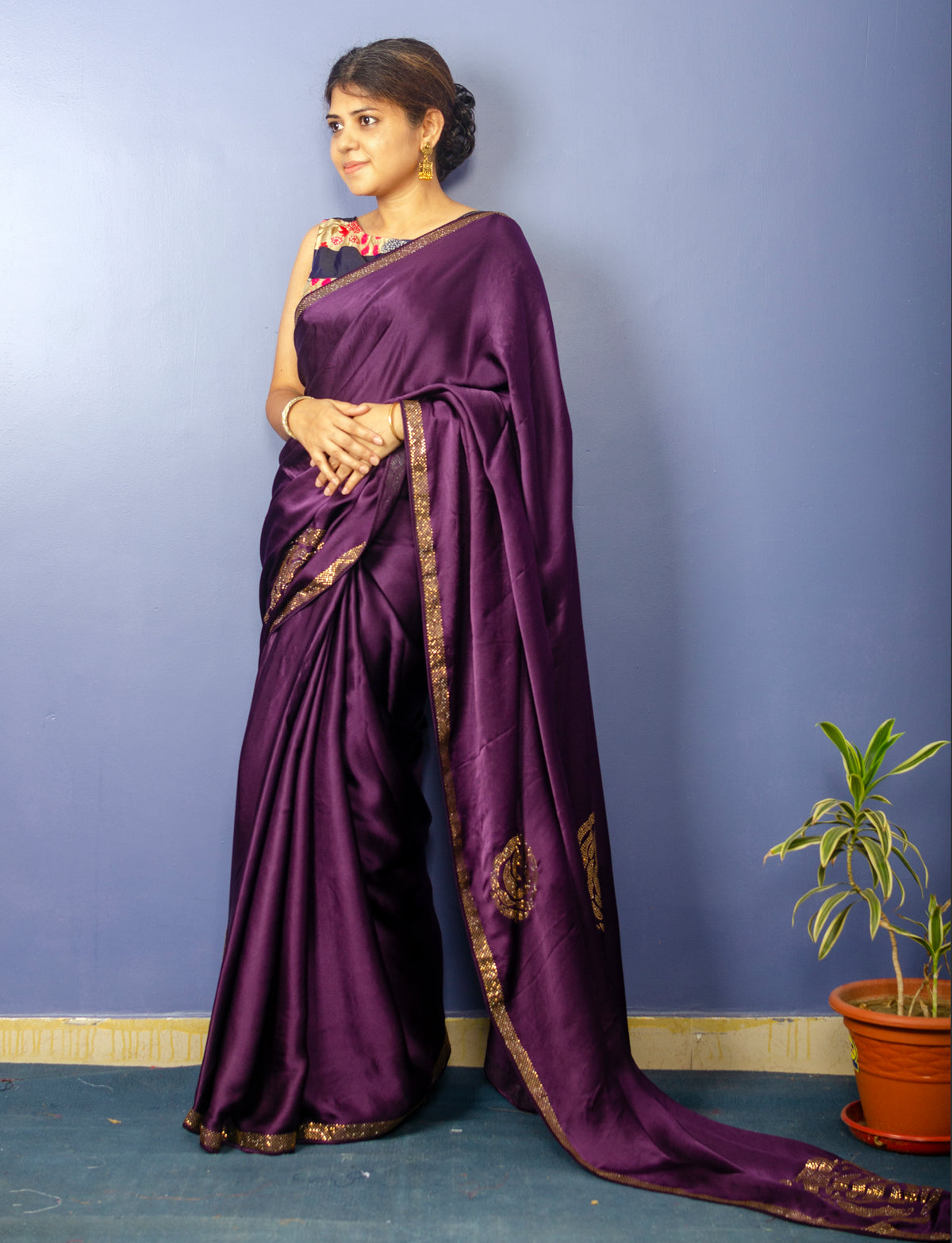 Dark Puple Shade Pure Satin Sari with Swarovski Work — view 2