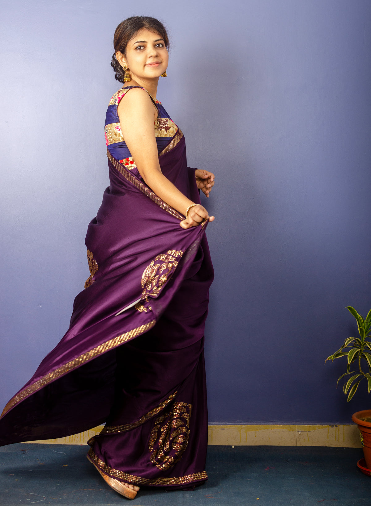 Dark Puple Shade Pure Satin Sari with Swarovski Work — view 3