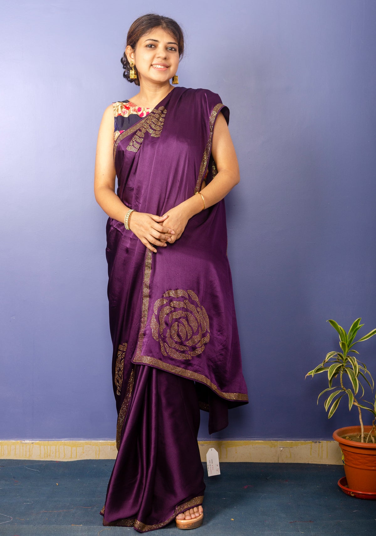 Dark Puple Shade Pure Satin Sari with Swarovski Work — view 4