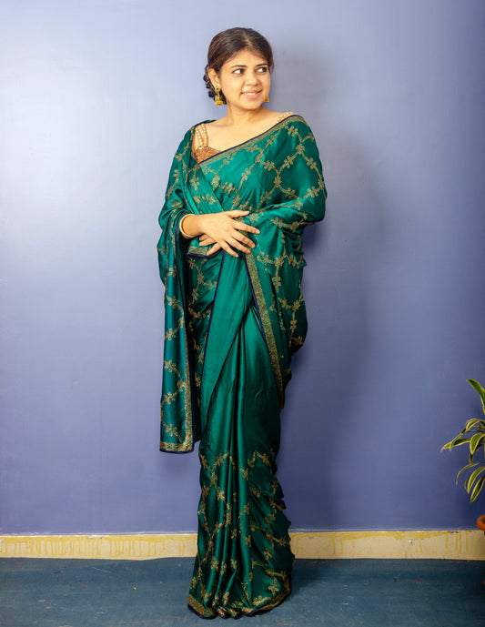 Ocean Green Shade Pure Satin Sari with Swarovski Work