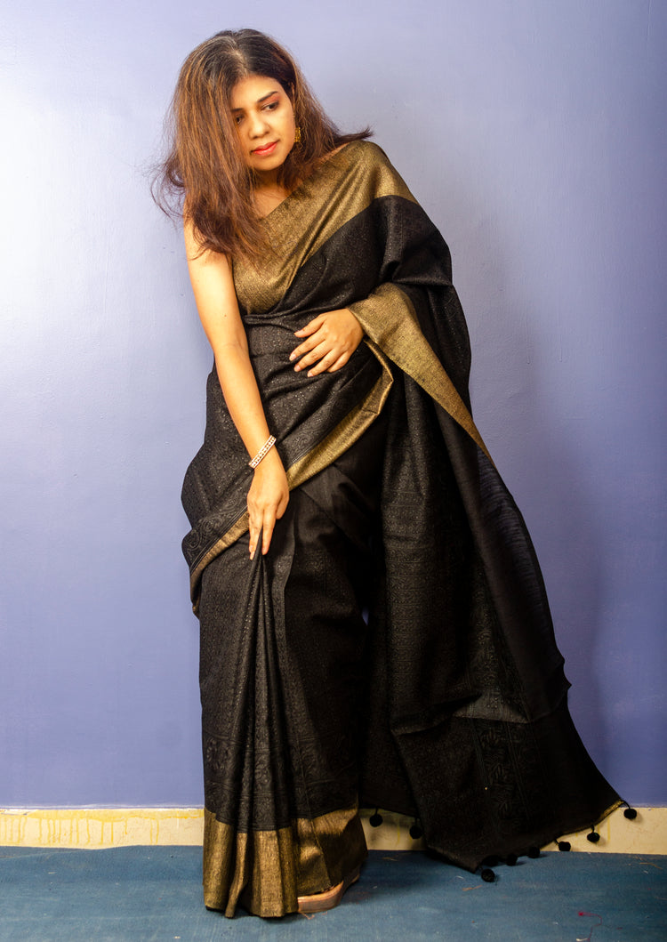 Black Chikankari Ghicha Tassar Silk Sari