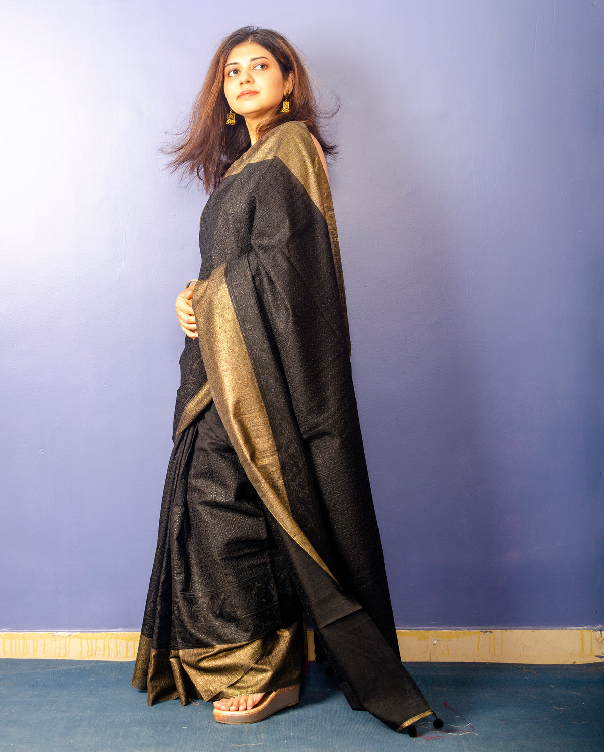 Black Chikankari Ghicha Tassar Silk Sari — view 4