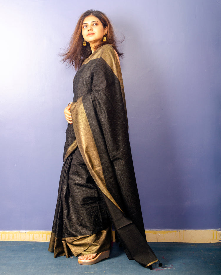 Black Chikankari Ghicha Tassar Silk Sari