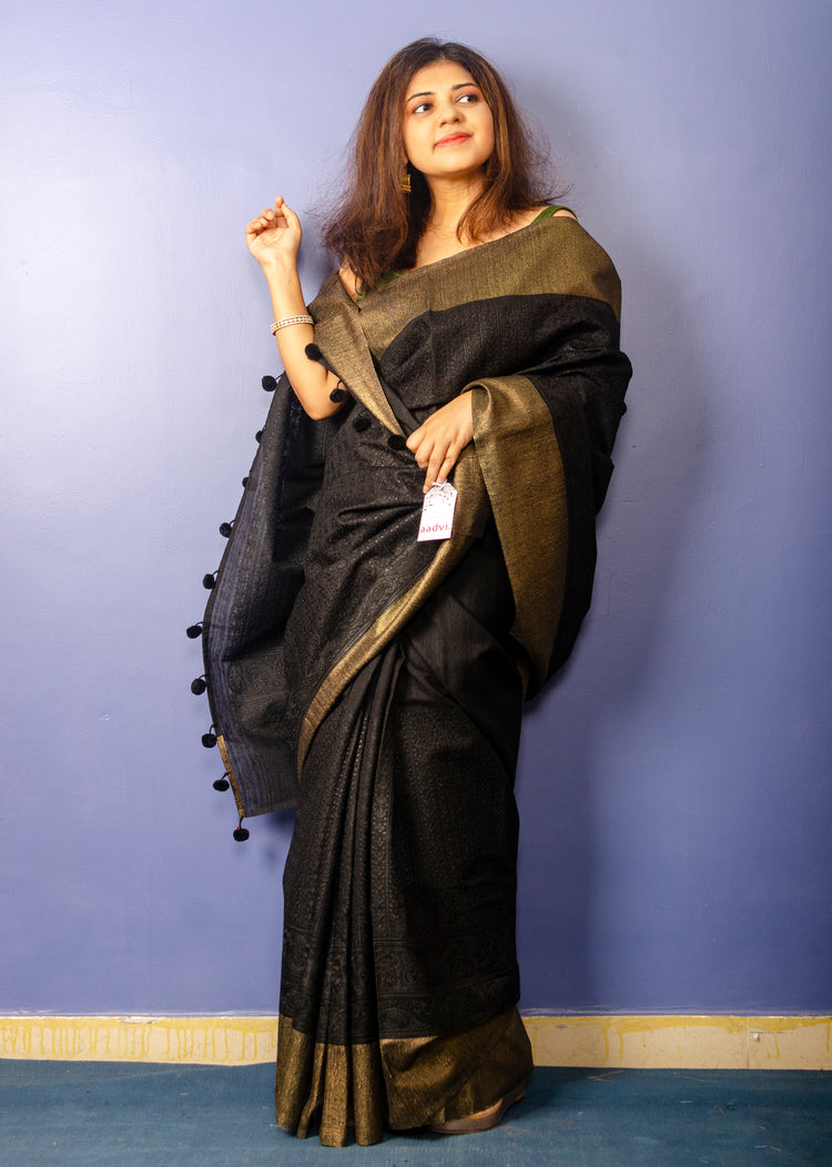 Black Chikankari Ghicha Tassar Silk Sari