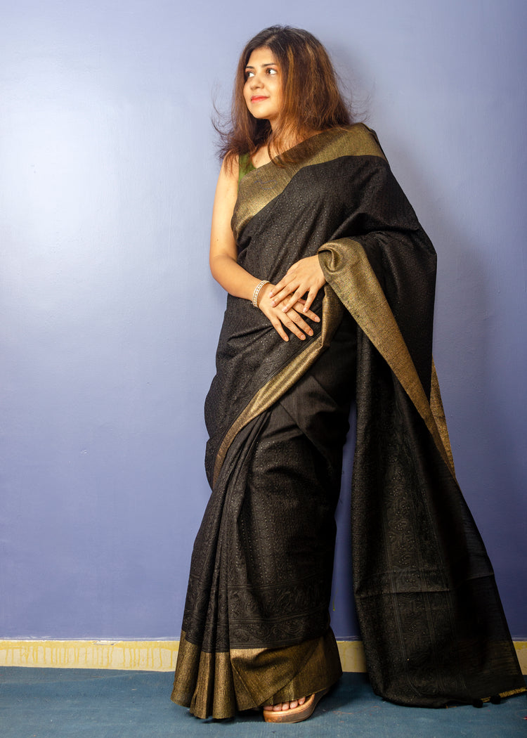 Black Chikankari Ghicha Tassar Silk Sari