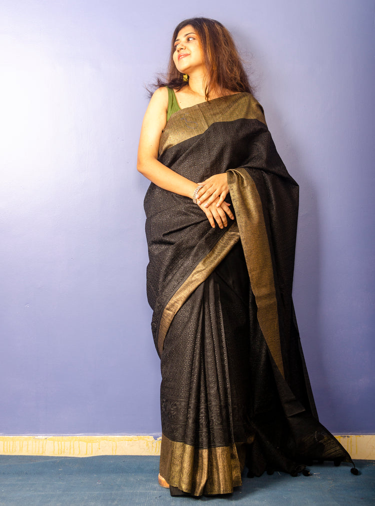 Black Chikankari Ghicha Tassar Silk Sari