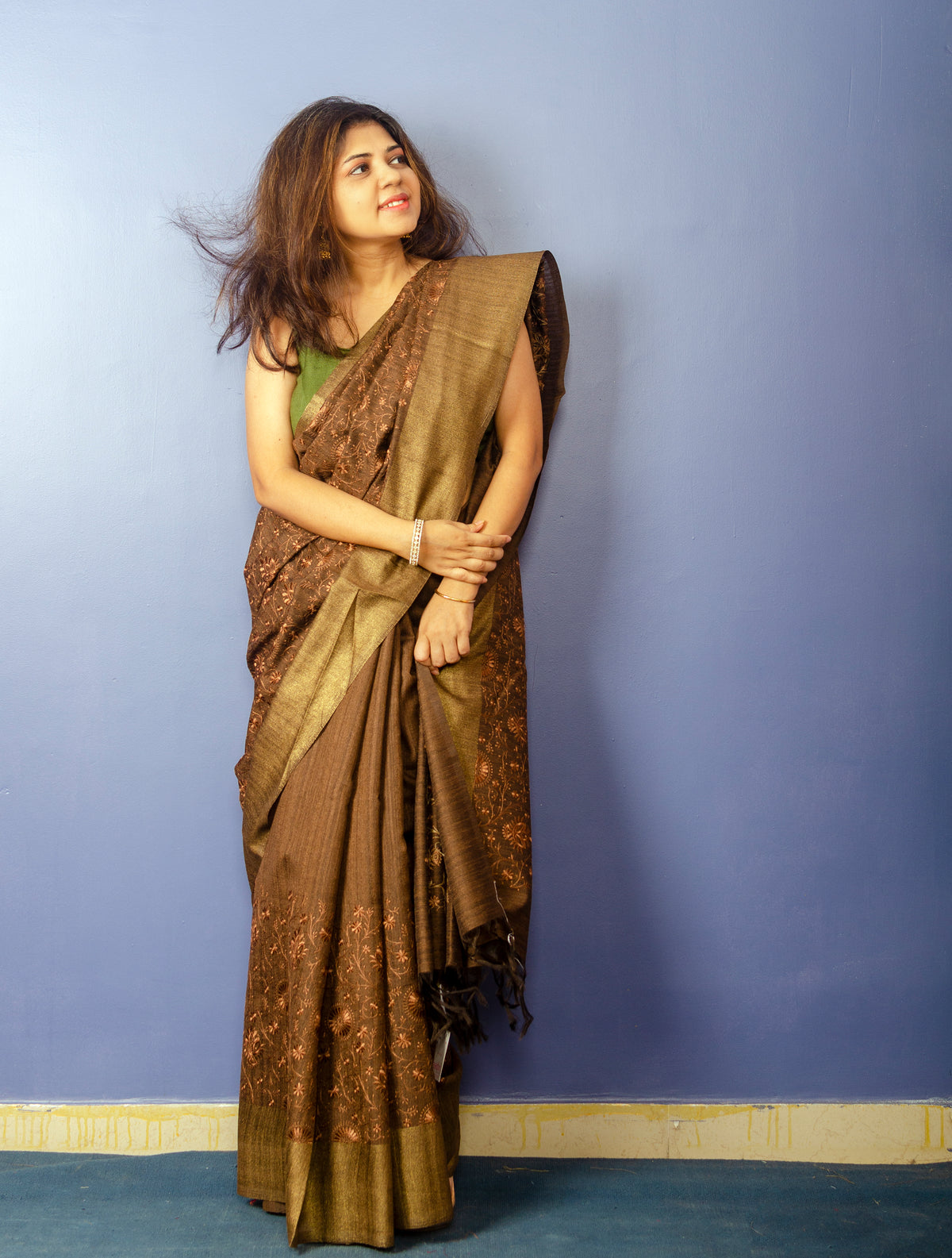 Coffee Color Embroidered Ghicha Tassar Silk Sari — view 5