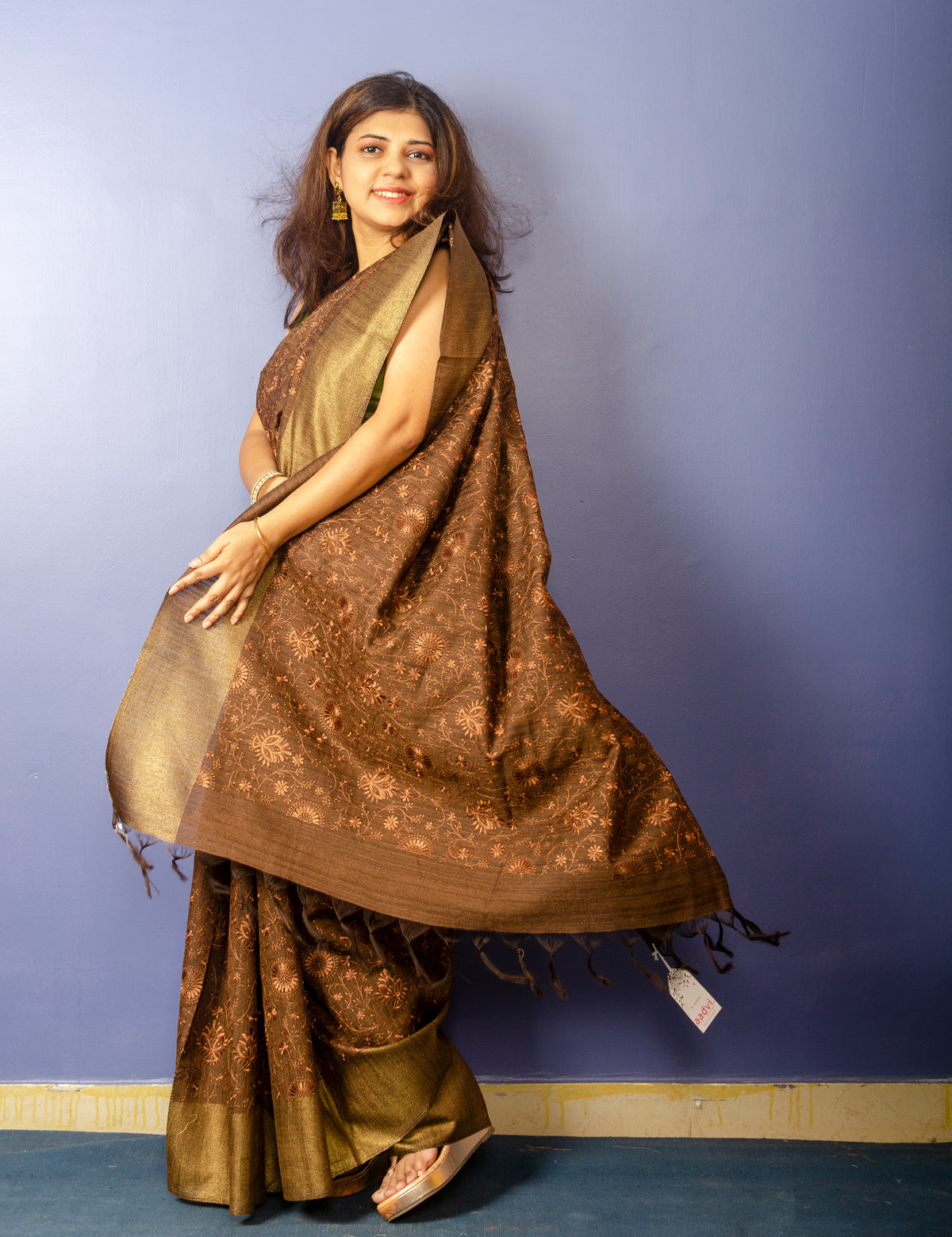 Coffee Color Embroidered Ghicha Tassar Silk Sari — view 3