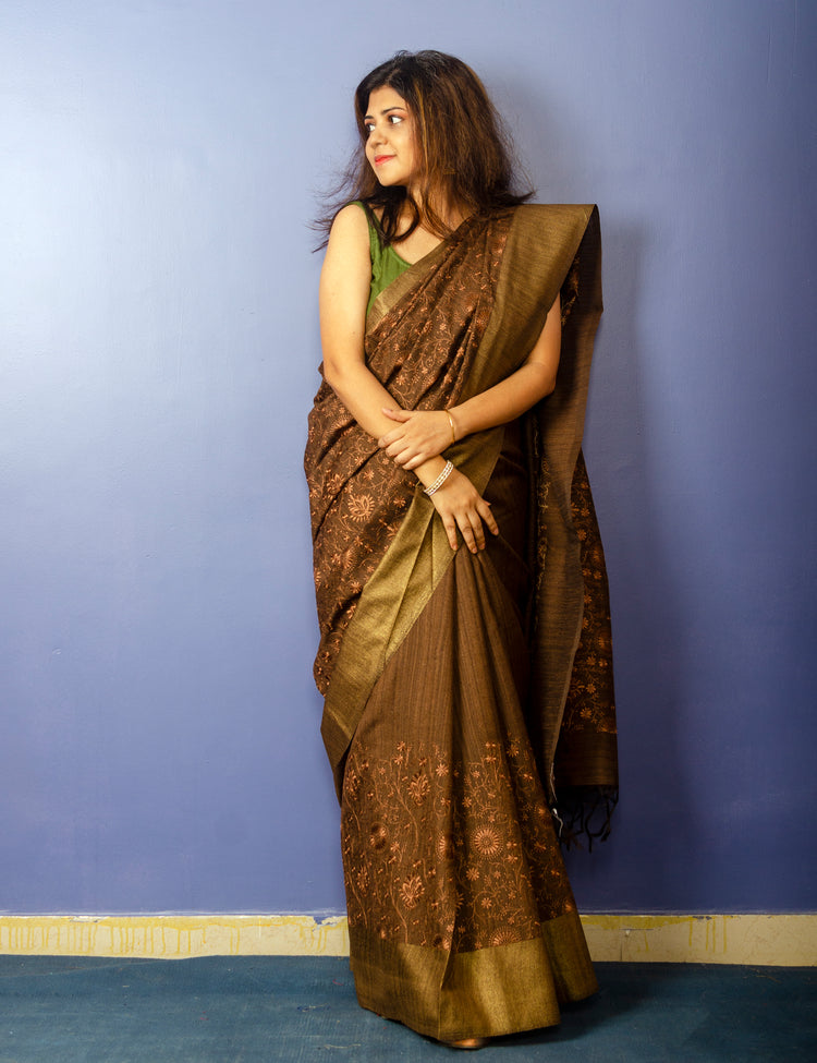Coffee Color Embroidered Ghicha Tassar Silk Sari