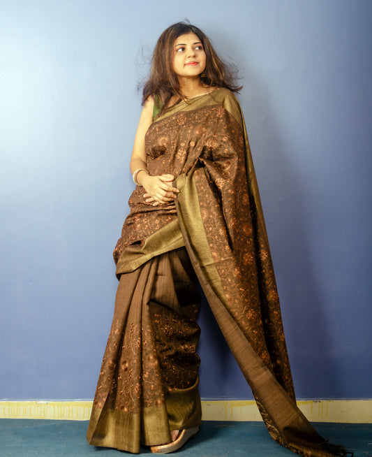 Coffee Color Embroidered Ghicha Tassar Silk Sari