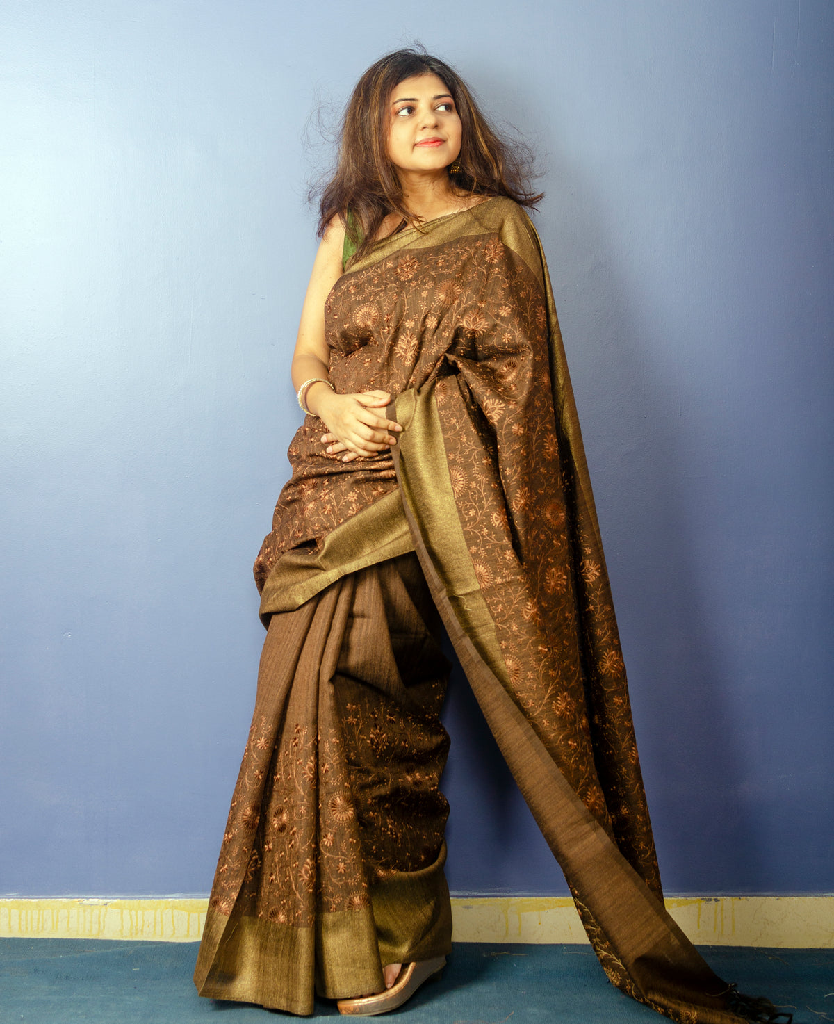 Coffee Color Embroidered Ghicha Tassar Silk Sari — view 7